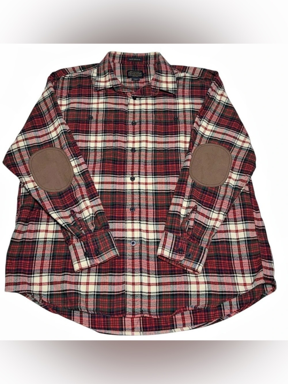 Pendleton Hawthorne Flannel Shirt Men's XL Red Plaid Button Up Elbow Patches